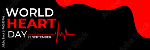 Emblem of World Heart Day with image of red heart on dark background. Medical sign on 29th of September. heart and pulse trace. suit for banner, cover, flyer, poster, backdrop, plain, texture. vector