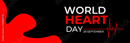 Emblem of World Heart Day with image of red heart on dark background. Medical sign on 29th of September. heart and pulse trace. suit for banner, cover, flyer, poster, backdrop, plain, texture. vector