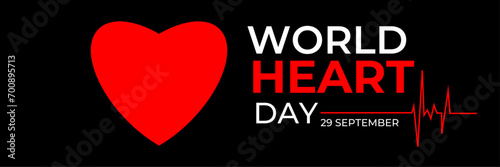 Emblem of World Heart Day with image of red heart on dark background. Medical sign on 29th of September. heart and pulse trace. suit for banner, cover, flyer, poster, backdrop, plain, texture. vector