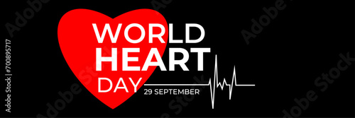 Emblem of World Heart Day with image of red heart on dark background. Medical sign on 29th of September. heart and pulse trace. suit for banner, cover, flyer, poster, backdrop, plain, texture. vector
