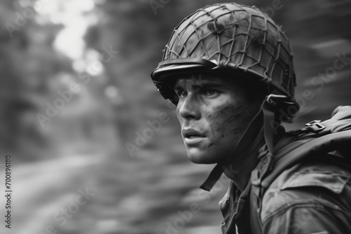 Running young male soldier in a helmet in Vietnamese jungle, monochrome film photo style. Vietnam War