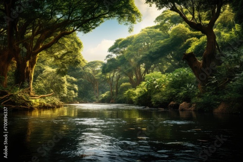 Tranquil river winding through a verdant forest  where the soft play of sunlight on rippling waters