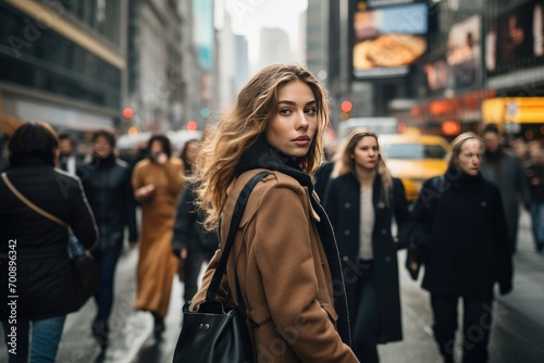 Fashionable urban lifestyle with a woman person walking through a bustling city street