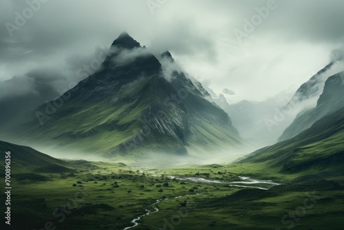 Ethereal beauty of a misty mountain valley, where swirling clouds embrace the peaks landscape 