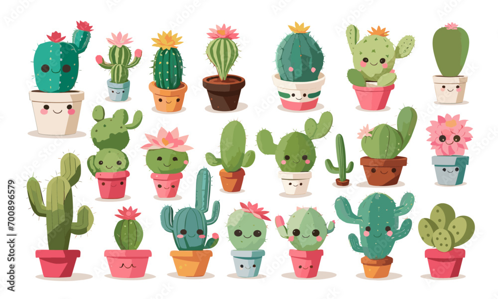 Many vector of a cute kawaii cactus