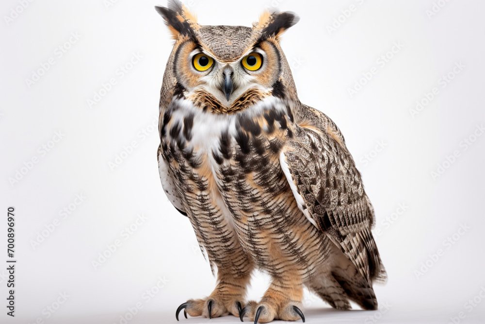 Fototapeta premium Great Horned Owl on a white background. Animal front portrait.