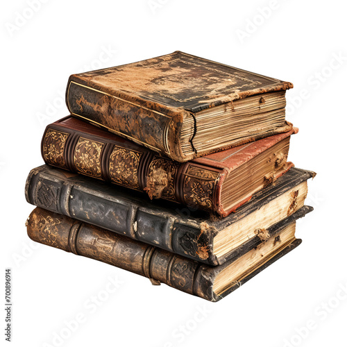 Four old books cut out with leather cover isolated on transparent background, clipping path, png, 