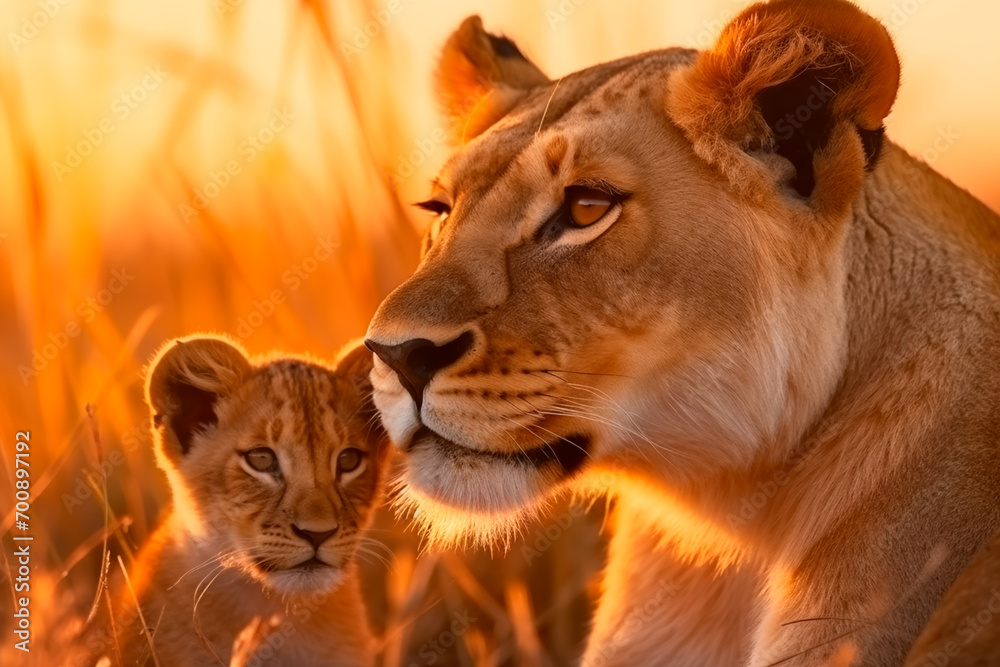 In the golden savannah, a lioness tenderly embraces her cub as warm sunsets paint the horizon. In the golden savannah, a lioness tenderly embraces her cub as warm sunsets paint the horizon.