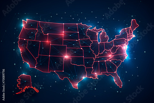 Digital concept of the USA map, symbolizing technological advancements and connectivity. photo
