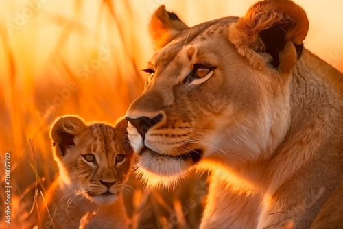 In the golden savannah  a lioness tenderly embraces her cub as warm sunsets paint the horizon.