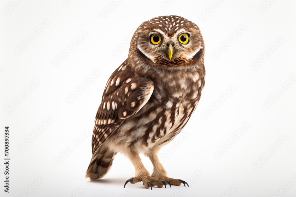 Obraz premium Little Owl standing on a white background. Animal side portrait.
