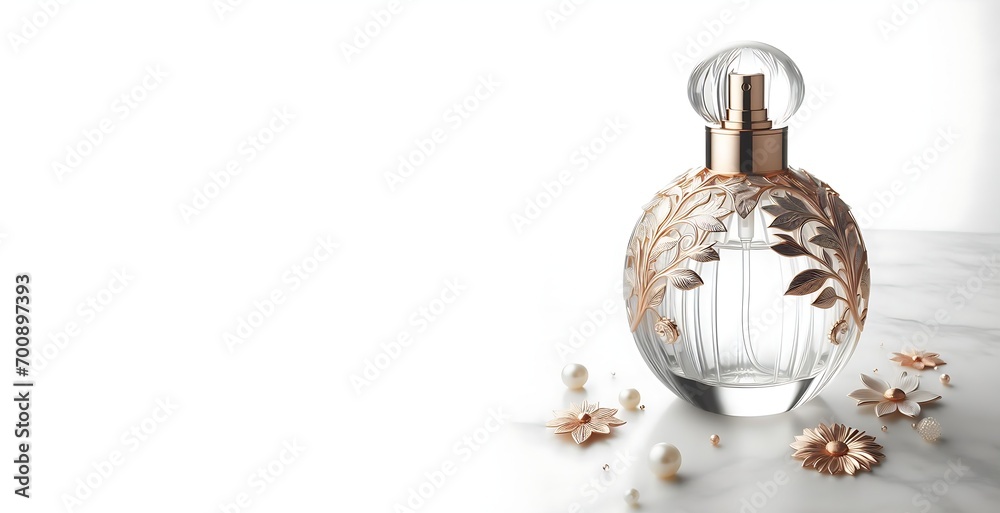 Bottle of perfume with flowers on  white isolated background, generative ai