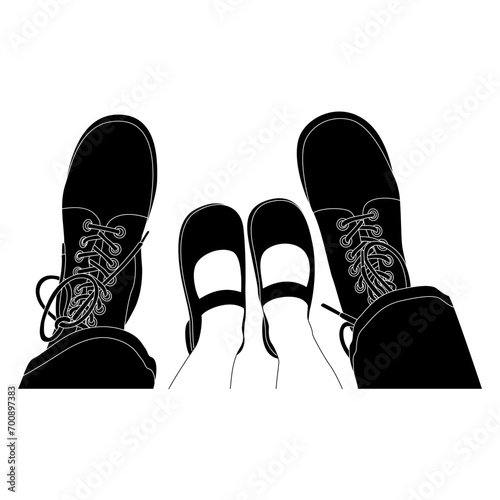 Top view of male and female feet. Funny romantic design. Lovers date. Black and white silhouette.