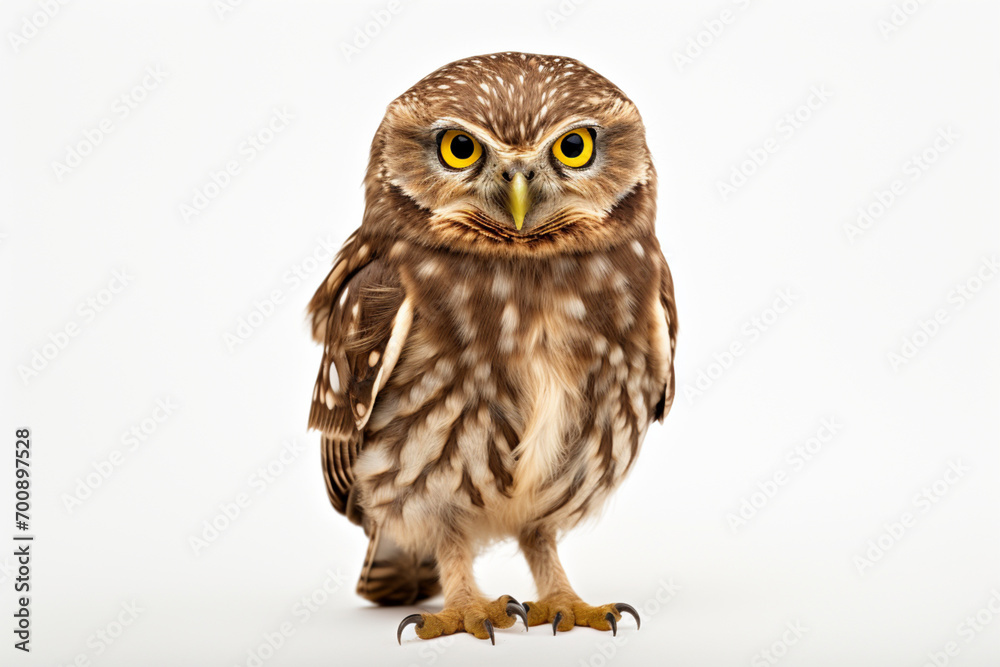 Fototapeta premium Little Owl standing on a white background. Animal front portrait.