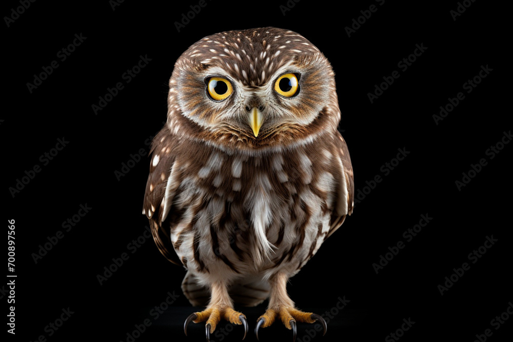 Obraz premium Little Owl standing on a black background. Animal front portrait.