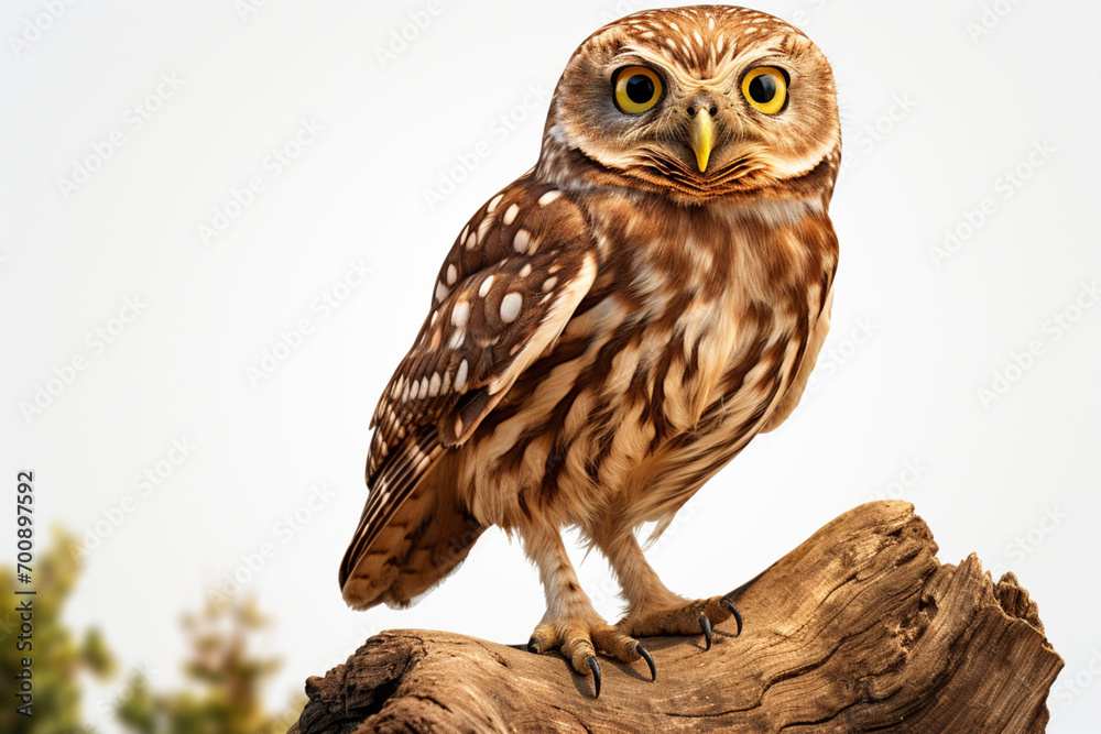 Fototapeta premium Little Owl standing on a tree branch in a natural outdoor environment. Animal side portrait.