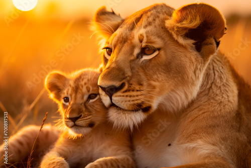 In the golden savannah, a lioness tenderly embraces her cub as warm sunsets paint the horizon.