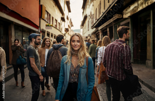 young adult blond woman on vacation, side street with many people or tourists, fictional place