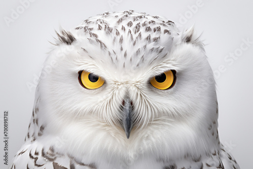 Snowy Owl close-up portrait on a white background.