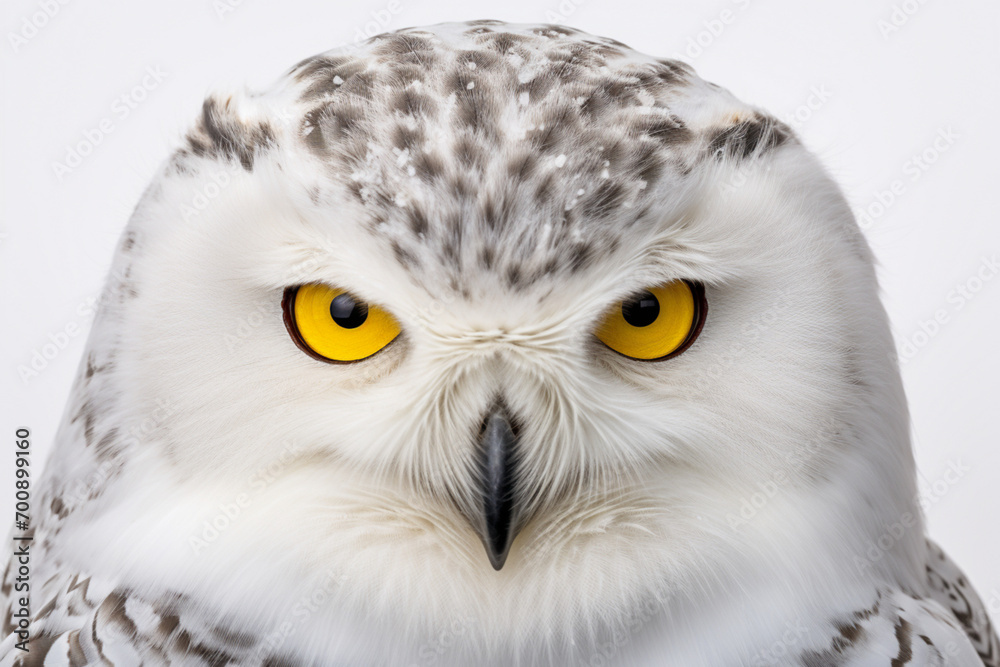 Naklejka premium Snowy Owl close-up portrait on a white background.