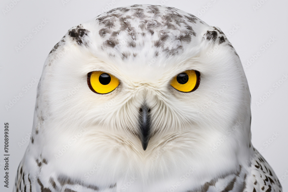 Obraz premium Snowy Owl close-up portrait on a white background. Adorable bird studio photography