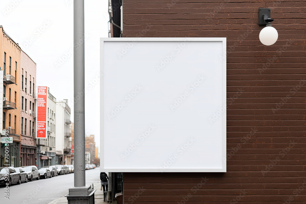 White Blank store signage or poster banner for mock up. Empty signboard of shop frontage on the street side that attach on wall, billboard in the center of city. - obrazy, fototapety, plakaty 