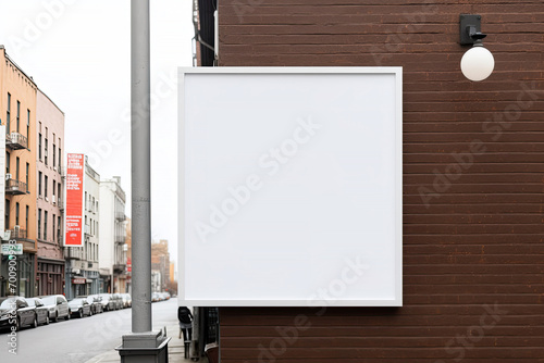 White Blank store signage or poster banner for mock up. Empty signboard of shop frontage on the street side that attach on wall, billboard in the center of city. photo