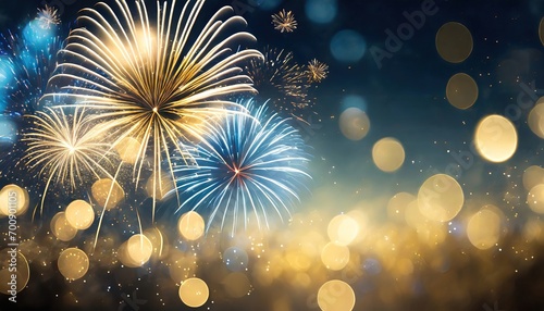 Colorful blue and gold fireworks bursting in the sky with a brilliant display of glittering sparkles
