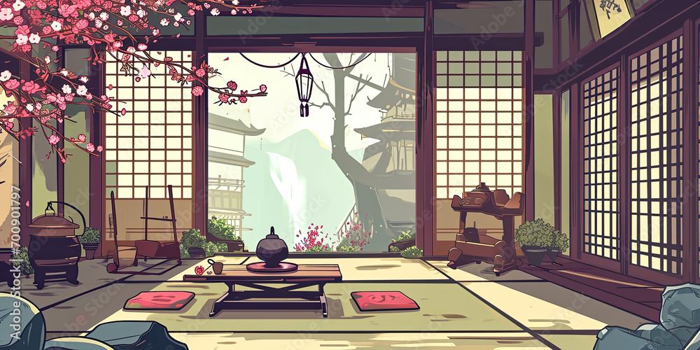 Vintage retro video game style graphics Japan room interior, Japanese ...