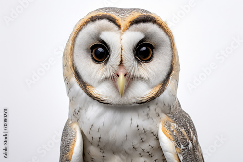 Tasmanian Masked Owl close-up portrait on a white background.