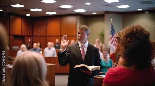 In this poignant courtroom scene, a man's resolute expression and raised hand embody his dedication to delivering honest testimony.