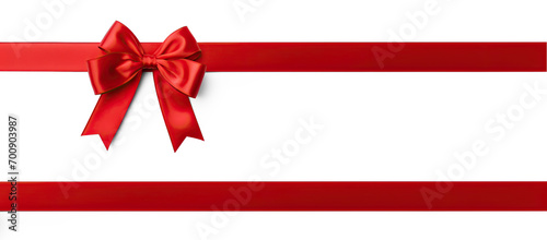 Shiny red satin ribbon on white background. Vector red bow and ribbon. Christmas gift, valentines day, birthday wrapping element
 photo