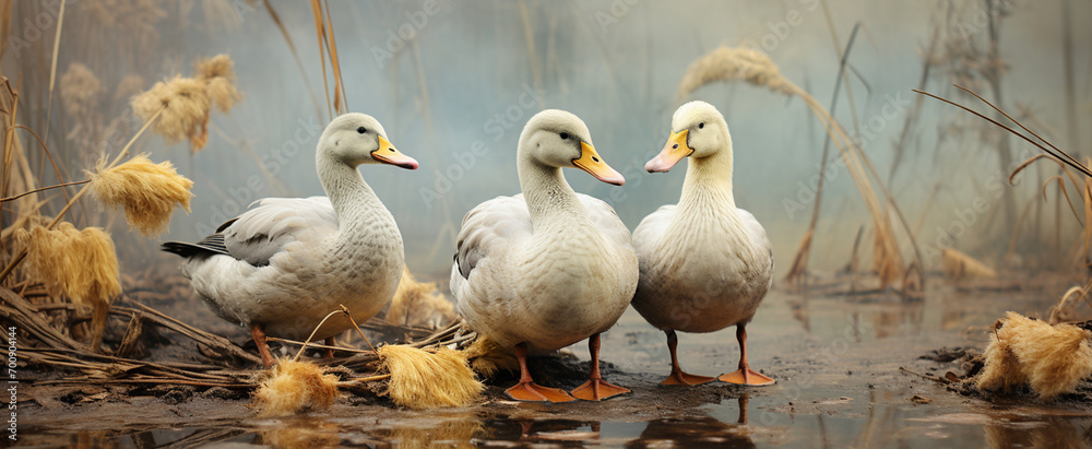 Obraz premium forest lake with a pair of white geese in vintage style for wall painting High quality photo