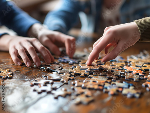 A Photo of a Parent and Teenager Working on a Puzzle Together on a Rainy Day