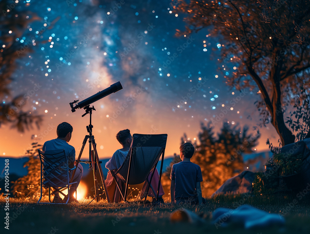 A Photo of a Family with a Teenager Stargazing in the Backyard with a Telescope
