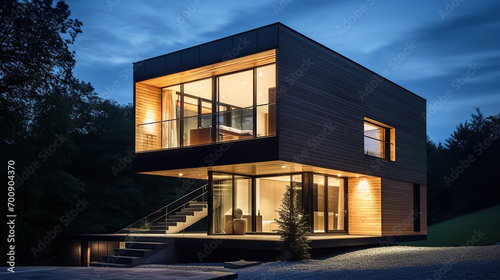 Modern design architecture, visualization of a modern style house. beautiful house, night view,