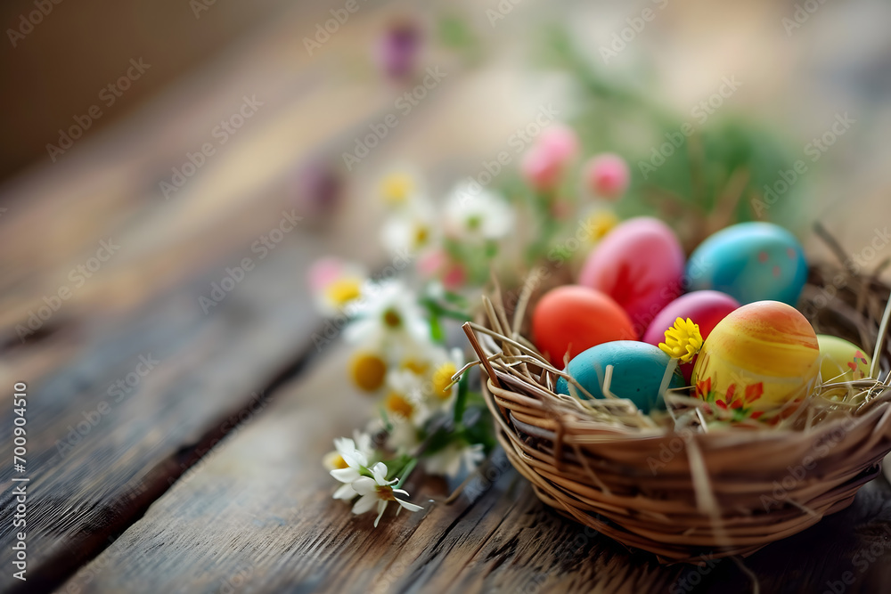 easter card, easter bunny with eggs, easter eggs and flowers, easter eggs in a basket, easter eggs and flowers on a white background, easter wall paper and background for social media