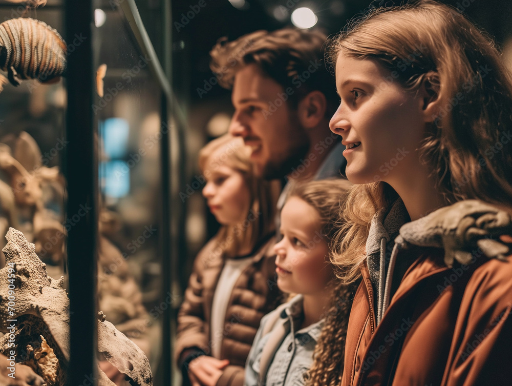 Fototapeta premium A Photo of a Family with a Teenager Visiting a Museum and Looking at Exhibits