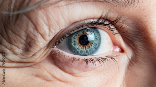 Close-up photo of an elder Caucasian woman's blue eye. Health care and healthy vision concept.
