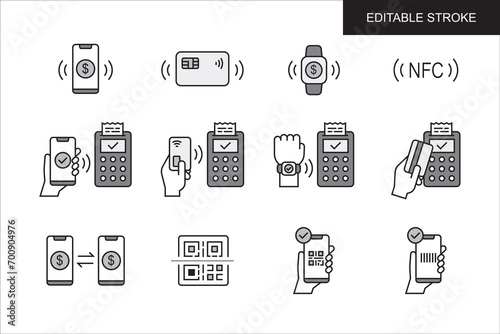 Set of grayscale monochrome icons related to payment methods. Online banking, Contactless payment in modern minimalist style. Editable stroke. Vector illustration