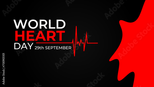 Emblem of World Heart Day with image of red heart on dark background. Medical sign on 29th of September. heart and pulse trace. suit for banner, cover, flyer, poster, backdrop, plain, texture. vector