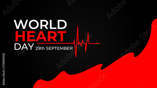 Emblem of World Heart Day with image of red heart on dark background. Medical sign on 29th of September. heart and pulse trace. suit for banner, cover, flyer, poster, backdrop, plain, texture. vector