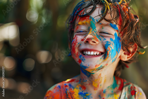 A Happy and Laughing Boy, Embracing Creativity and Playfulness, Smeared in a Riot of Colorful Paint © Asiri