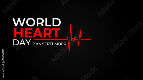 Emblem of World Heart Day with image of red heart on dark background. Medical sign on 29th of September. heart and pulse trace. suit for banner, cover, flyer, poster, backdrop, plain, texture. vector