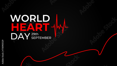 Emblem of World Heart Day with image of red heart on dark background. Medical sign on 29th of September. heart and pulse trace. suit for banner, cover, flyer, poster, backdrop, plain, texture. vector