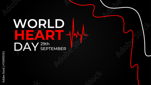 Emblem of World Heart Day with image of red heart on dark background. Medical sign on 29th of September. heart and pulse trace. suit for banner, cover, flyer, poster, backdrop, plain, texture. vector