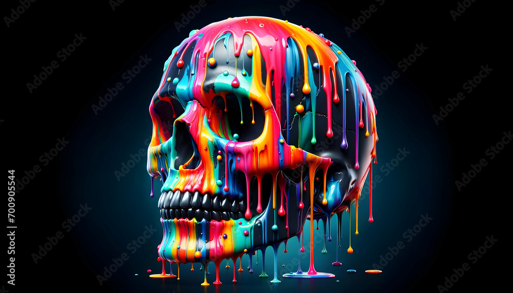  human skull covered in unique colors or colorful paint dripping off it 