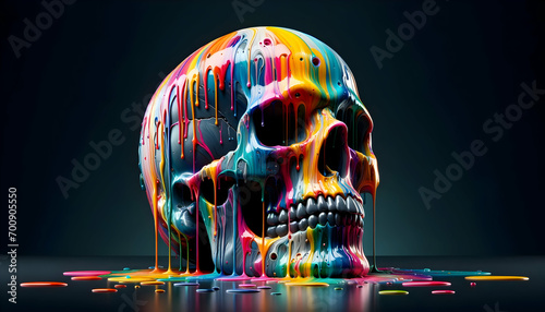  human skull covered in unique colors or colorful paint dripping off it  photo