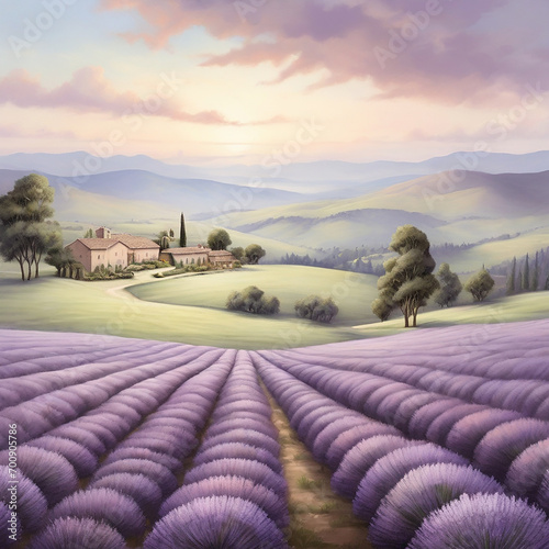 A path leads to a little house with blue shutters through lovely fields of lavender. ai generated photo