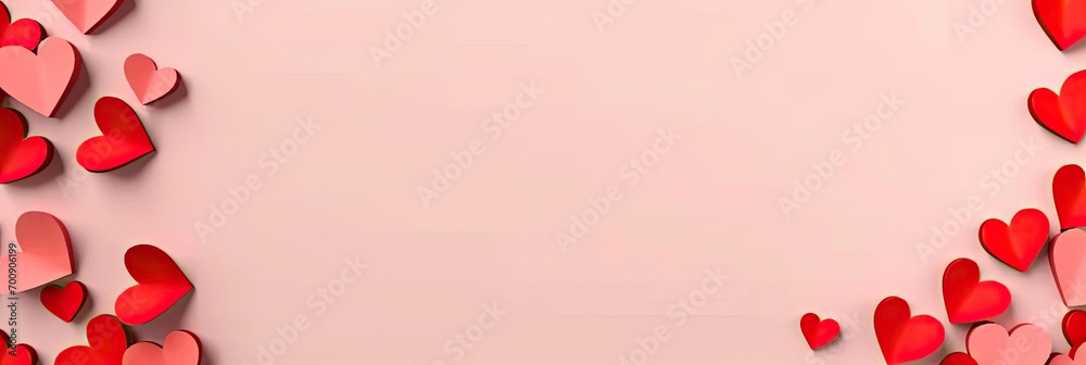 Valentine's Day background with red and pink paper hearts,conveys an image of a festive and romantic backdrop, perfect for greeting cards, social media graphics, or event invitations.copy space
